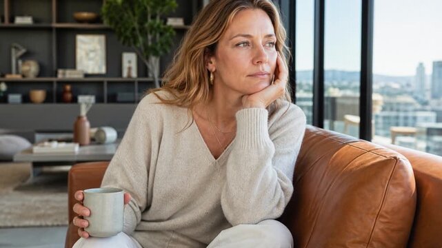 Depressed woman thinking about her problems while drinking coffee or tea on sofa at home.

