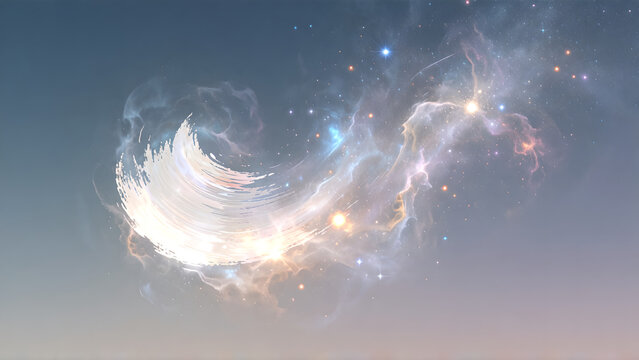 Abstract cosmic nebula with glowing light particles and swirling ethereal smoke clouds.
