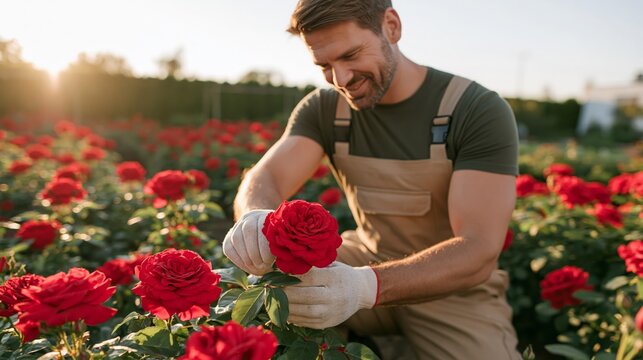 Young man pruning roses in a flower field during sunset  