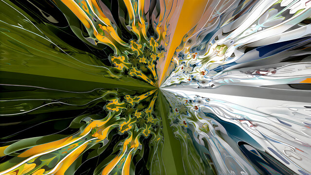 Abstract digital art featuring vibrant yellow and green flowing liquid patterns.