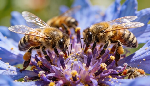 Honeybees on Blue Flower: A macro shot showcases three honeybees diligently collecting nectar from a vibrant blue flower, their wings and pollen baskets clearly visible.