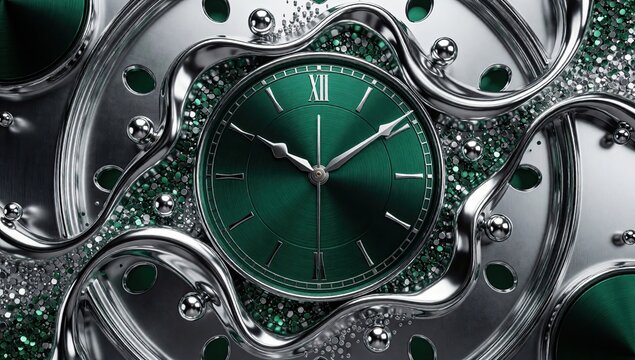 Abstract green clock face surrounded by fluid silver metal shapes and glitter, surreal 3D render, luxury time concept