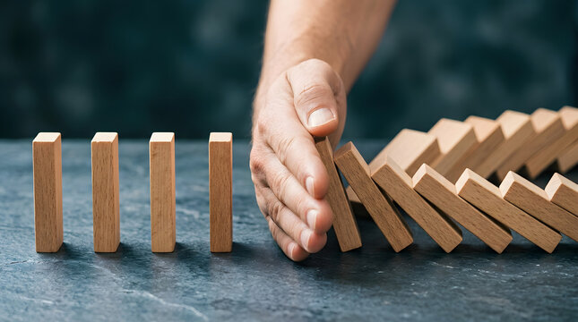 Hand stopping wooden dominoes falling in a row