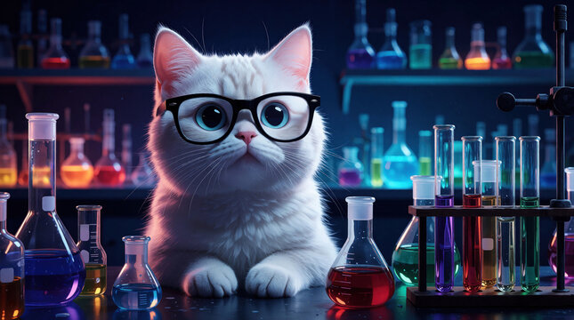 Smart white cat wearing glasses sits in lab with colorful liquids in flasks. Feline scientist researches at night with scientific equipment. Curious animal explores chemistry.