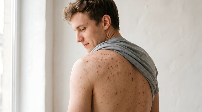 A young man shows his acne and pimples on his back during a visit to a dermatologist. AI generated.
