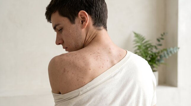 A young man shows his acne and pimples on his back during a visit to a dermatologist. AI generated.