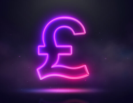 A vibrant neon pound sterling sign radiates an electric purple and pink glow against a dark, futuristic backdrop.