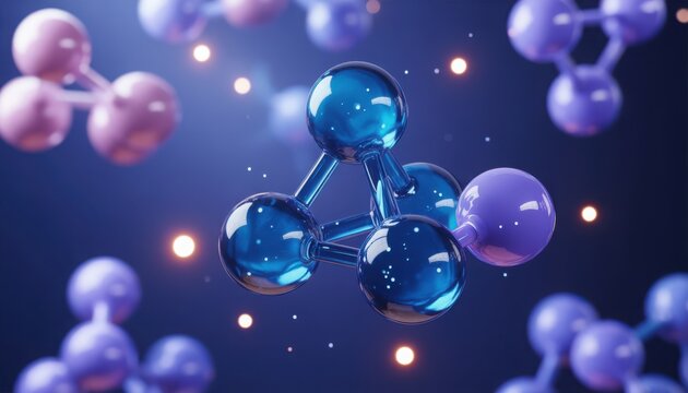 3D render of abstract blue molecular structures with bokeh lights on dark background