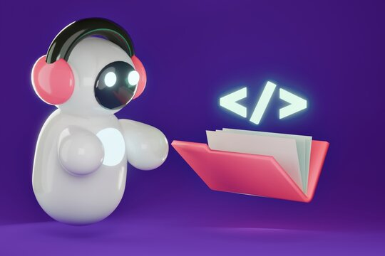 3D AI coding concept, cute glossy plastic robot assistant generating glowing code html tags on purple background