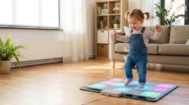 Joyful toddler dancing on glowing interactive mat in bright sunlit living room, promoting early learning and active play.