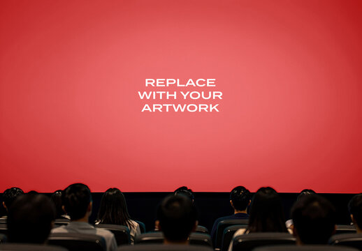 Large screen mockup in a cinema theater with audience viewing red display, realistic movie interior seating rows, projection digital media presentation, commercial branding template