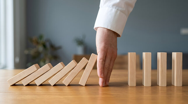 Hand stopping falling wooden dominoes on a table