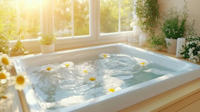 Tranquil sunlit bathroom with flower-filled bathtub and lush greenery