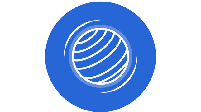 Minimalist vector graphic illustration of a rotating blue globe icon featuring crisp white curved lines