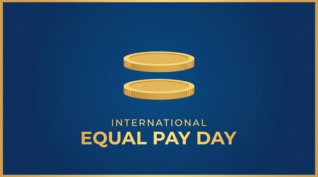 International Equal Pay Day graphic with two stacked gold coins representing financial balance and gender pay equality in the corporate world