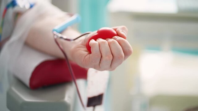 Blood donor squeezing stress ball during donation