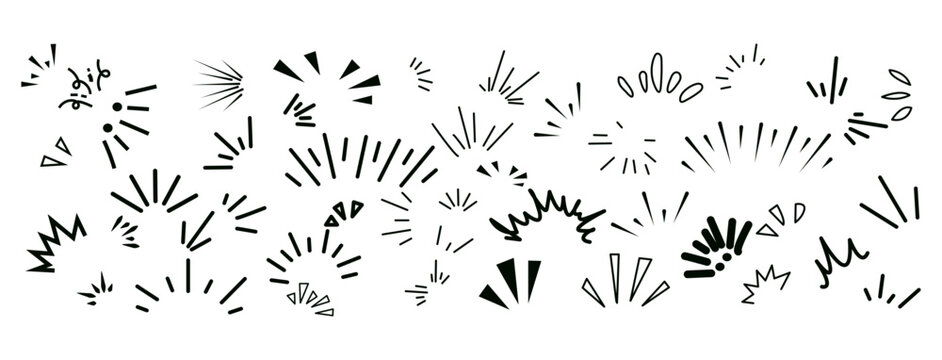 Set of hand drawn sunbursts and starburst doodles for comic book effects and decorative design elements featuring various black ink line shapes and explosion graphics in simple style