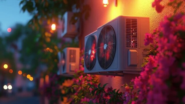 Outdoor air conditioners on wall with pink flowers and warm evening lighting