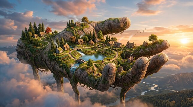 Floating Island Village Held in Giant Stone Hand Amidst Clouds at Sunset
