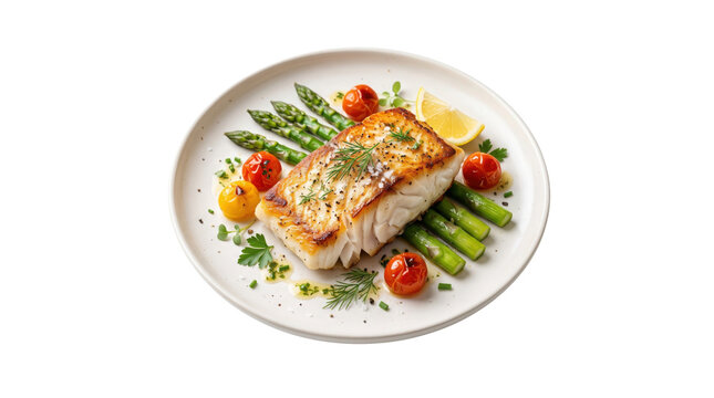 Grilled white fish fillet with asparagus and cherry tomatoes. Pan-seared cod steak on white plate. Healthy seafood meal with lemon.