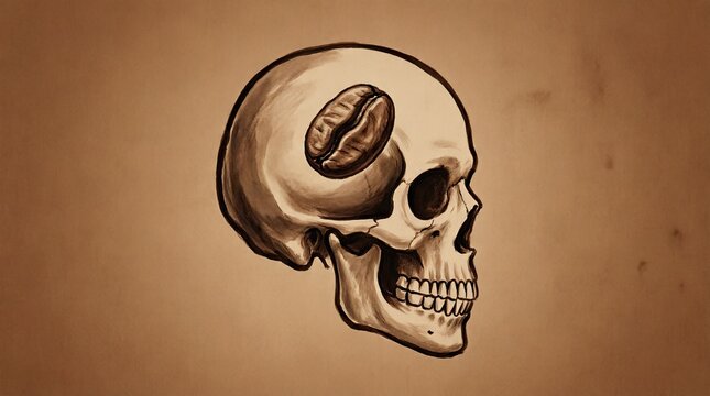 Human skull with coffee bean in eye socket illustration