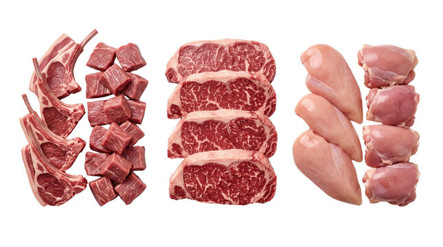 Raw meat assortment on white background, fresh beef steaks and lamb chops, chicken breast and diced pork meat for butchery