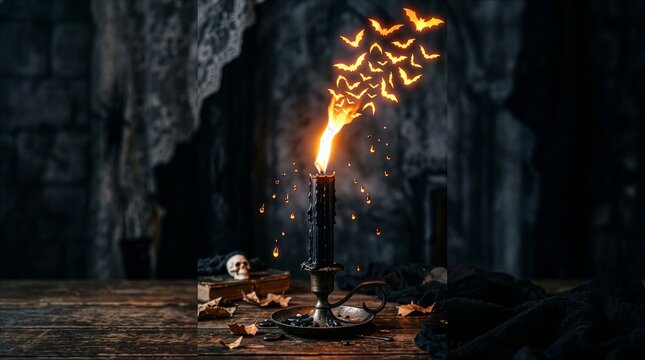 Surreal black candle releasing an upward flame that morphs into a swarm of luminous bats, suspended wax droplets, moody dark background, eerie violet glow, cinematic Halloween atmosphere