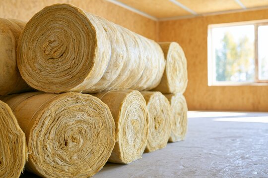 Rolls of insulation placed in a room with wooden walls and a large window letting in daylight