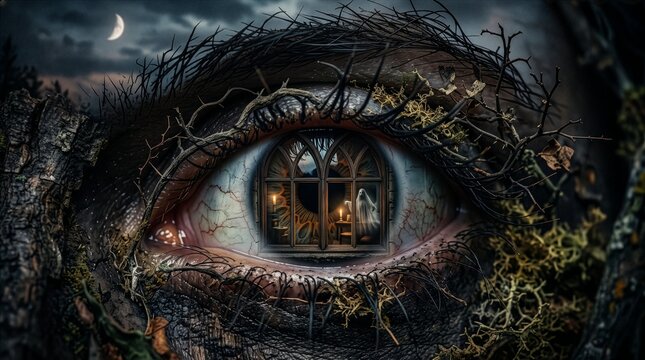 Close-up human eye transformed into a miniature gothic house portal, a faint ghost silhouette appearing behind the tiny window, curved eyelashes turning into tangled dark roots, moody cinematic lighti