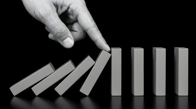 Hand stopping wooden dominoes falling in a row