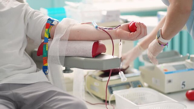 Person donating blood squeezing red stress ball