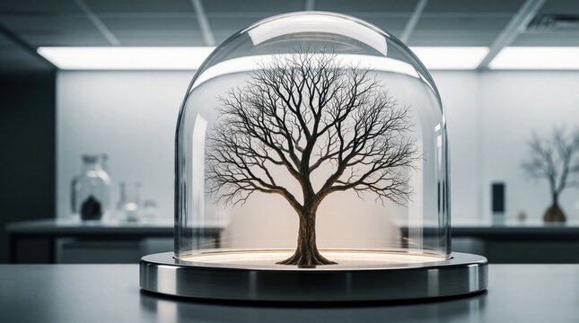 Barren tree enclosed in glass dome in lab setting. Represents environmental crisis, climate change, nature under threat, or conservation efforts.