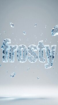 Frozen word frosty floats mid air with ice shards breaking off. Cold crystal letters show cracks and sharp edges creating wintery abstract background for design projects.