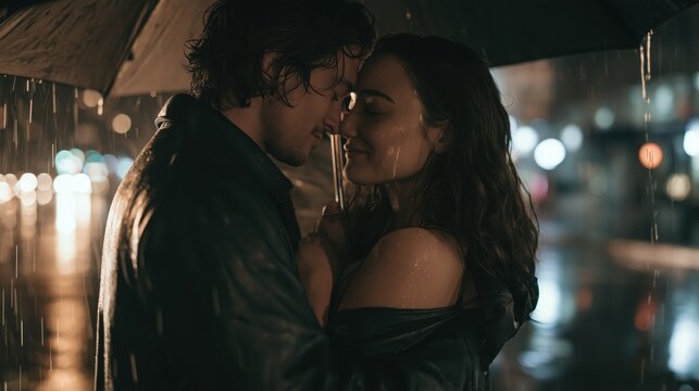 Loving young couple holding each other closely beneath a single umbrella as rain falls on a quiet city street, creating an intimate and emotional evening atmosphere.