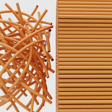 Abstract orange 3d background shows contrast between chaos, order. Tangled messy plastic tubes sit next to neat organized parallel pipes. Creative texture represents messy vs structured concept for