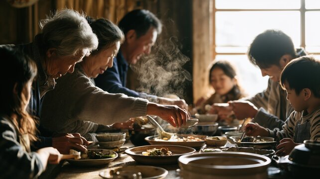Multigenerational family preparing and enjoying traditional regional food together around a rustic table, celebrating cultural heritage, homemade cuisine and meaningful family moments.