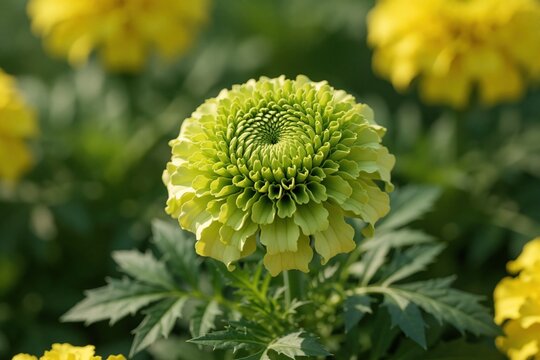 Close up of lime green marigold flower opening petals in bright sunlight. Yellow marigolds bloom in background, soft green leaves surround plant.