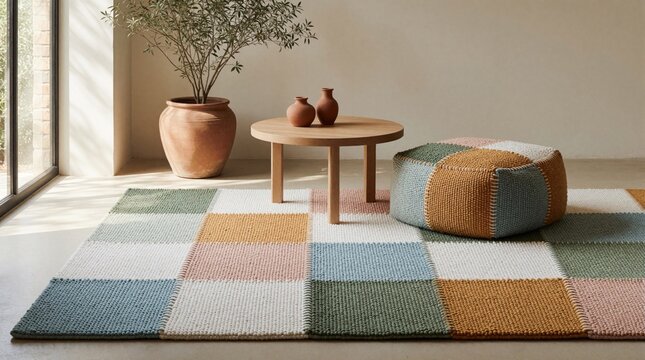 Patchwork rug and pouf in soft pastel shades on wood floor. Minimalist living room with plant, table, and vases. Natural light creates shadows.