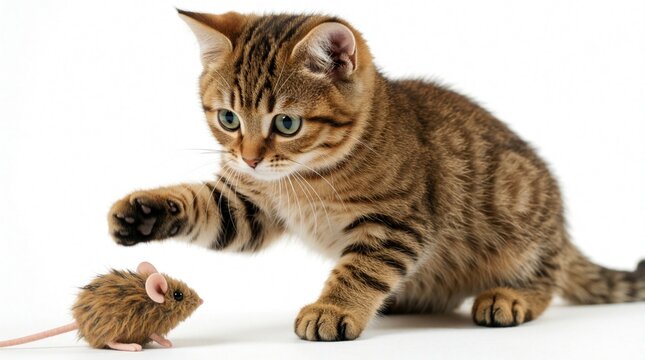A playful kitten pounces on a toy mouse. This adorable tabby cat is captured mid-action in a bright studio setting, showcasing its hunting instincts and curious nature. Fun activity for pets.