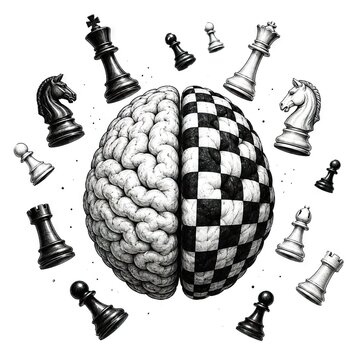 Human brain split with chessboard pattern surrounded by chess pieces
