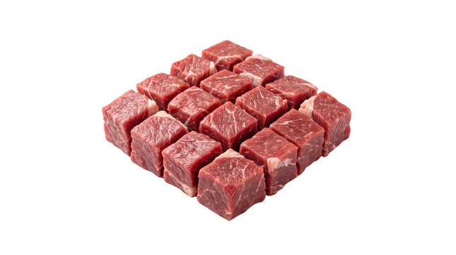 Raw beef cubes arranged in a grid, fresh red meat chunks for cooking, diced steak pieces isolated on white background