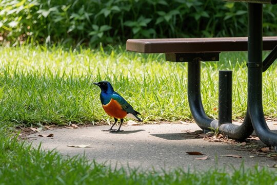 Colorful starling bird stands on park path near picnic table. Small avian searches for food amidst green grass. Wild animal shows orange blue plumage in natural setting.