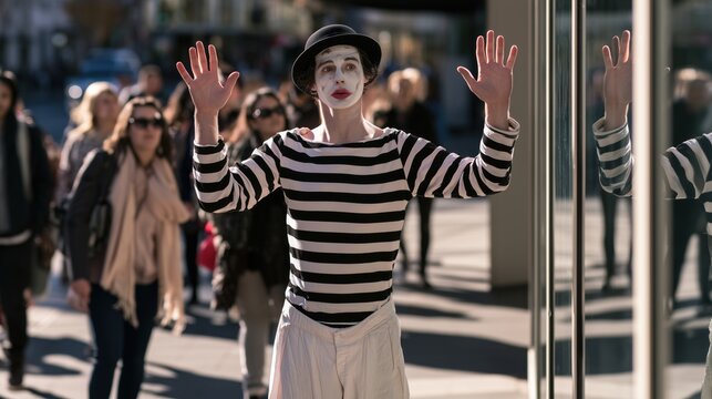 Professional mime artist in classic black and white costume pretending to be trapped behind an invisible wall on a busy city sidewalk, amusing curious pedestrians.