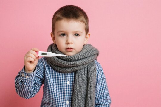 Young boy with gray scarf holds thermometer in mouth, feels unwell. Child shows fever, sick with cold, flu symptoms. Pink background, isolated kid checks temperature.