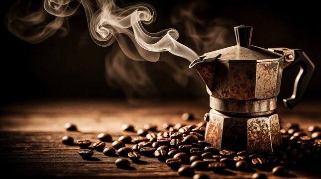 Vintage moka pot makes hot coffee on rustic wooden table. Steaming metal pot sits among roasted beans. Dark background with warm light creates cozy atmosphere. Morning ritual with fresh caffeine