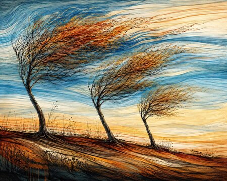 Three trees bending in strong wind painting with expressive brushstrokes
