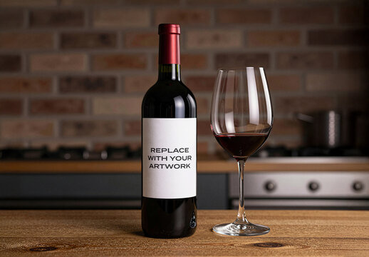 Wine bottle mockup with blank label and glass on wooden surface, kitchen interior brick wall background, packaging presentation template, design, display
