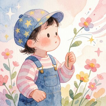 Young child in denim overalls and striped shirt wears star cap. Toddler holds flower stem amidst blooming plants and pastel sky with stars. Cute kid explores nature scene.