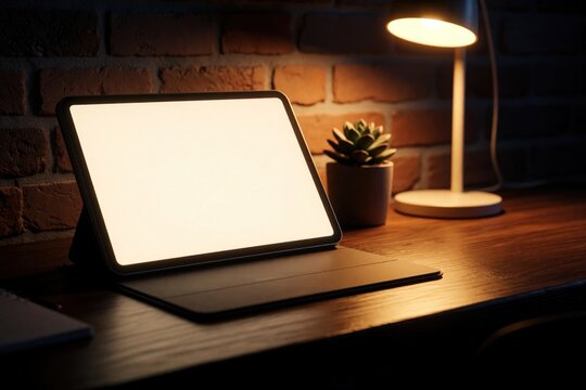 Tablet on wooden desk at night with warm lamp light. Desk holds plant and notebook near brick wall. Cozy home office for remote work or study creates inviting atmosphere.
