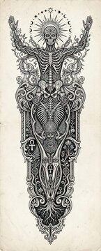 Symmetrical black and white drawing of crowned skeletal figure
